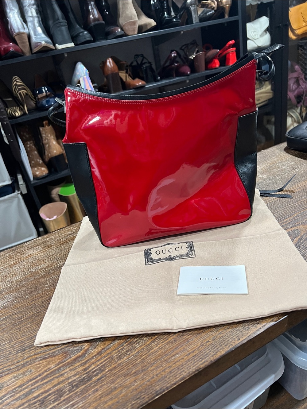 Gucci Red Patent Leather Shoulder Bag with Black Accents